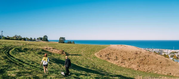 Caminhada Atraente Jovem Com Cão Parque Oamaru Nova Zelândia — Fotografia de Stock