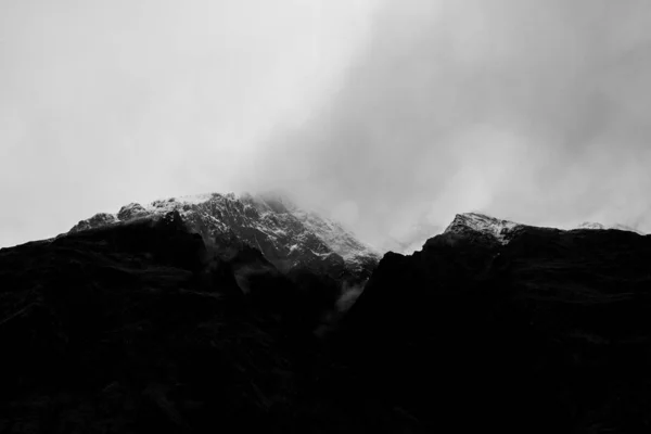 Snow peak in south island, New Zealand. Photograph in winter 2019. Black and white.