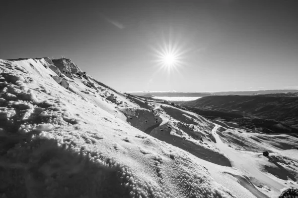 Snow peak in south island, New Zealand. Photograph in winter 2019. Black and white.