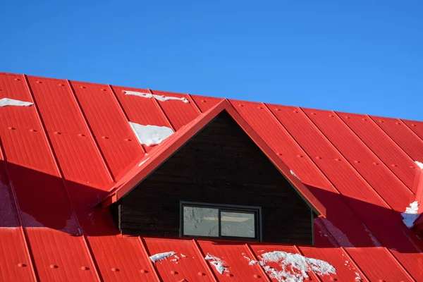 Texture Neige Naturelle Avec Toit Rouge Vue Dessus Neige — Photo