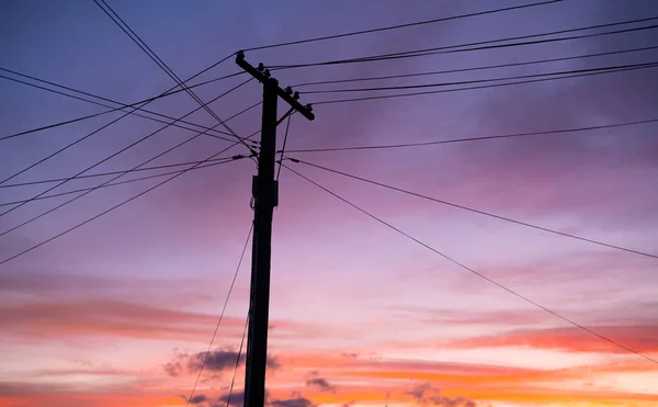 Elektrische Paal Lijnen Tijdens Zonsondergang Het Platteland — Stockfoto