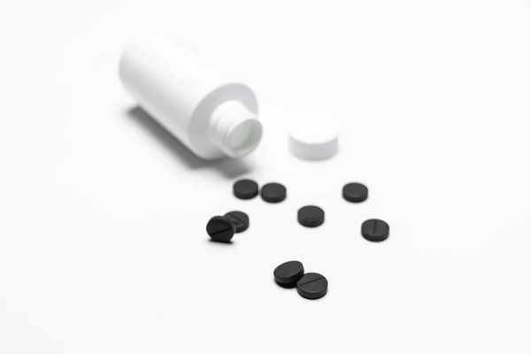 Flacone Bianco Con Medicinale Pillole Compresse Isolate Sfondo Bianco Spazio — Foto Stock