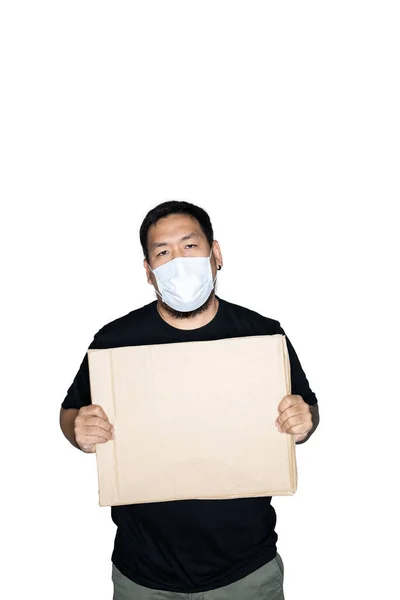 Homme Asiatique Barbu Travailleur Vêtu Tee Shirts Noirs Avec Masque — Photo