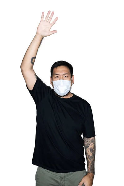 Γενειοφόρος Ασιάτης Εργάτης Ντυμένος Μαύρα Μπλουζάκια Ιατρική Μάσκα Ανοιχτό Χέρι — Φωτογραφία Αρχείου