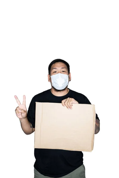 Homme Asiatique Barbu Travailleur Vêtu Tee Shirts Noirs Avec Masque — Photo