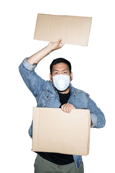 Homme Asiatique Barbu Travailleur Vêtu Jeans Avec Masque Médical Tient — Photo