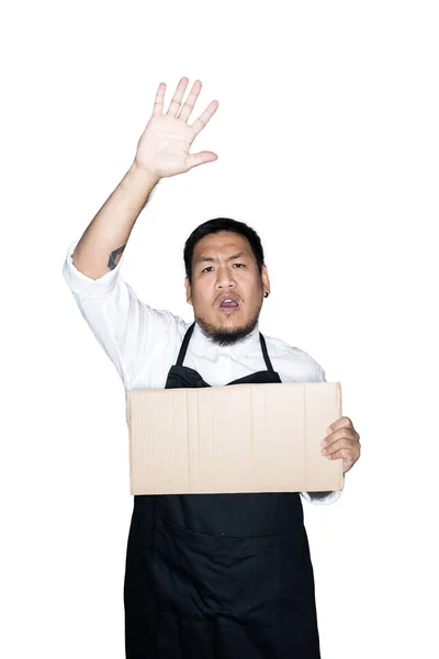 Barbudo Asiático Homens Garçom Chef Vestido Avental Preto Está Segurando — Fotografia de Stock