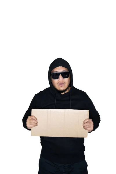 Bearded Asian Men Dressed Black Hoody Holding Cardboard White Background — Stock Photo, Image