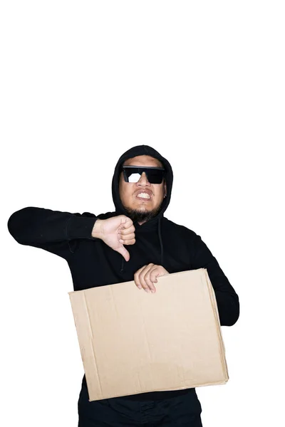 Bearded Asian Men Dressed Black Hoody Holding Cardboard Showing Thumbs — Stock Photo, Image