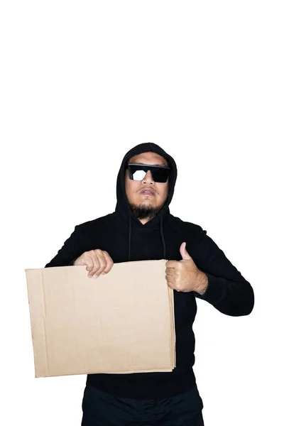 Bearded Asian Men Dressed Black Hoody Holding Cardboard Showing Thumbs — Stock Photo, Image