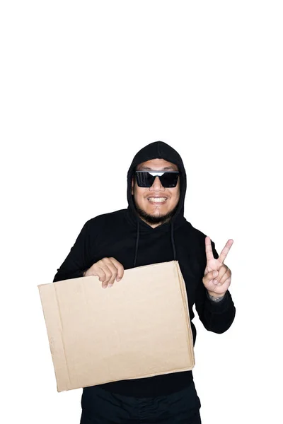 Bearded Asian Men Dressed Black Hoody Holding Cardboard Showing Victory — Stock Photo, Image