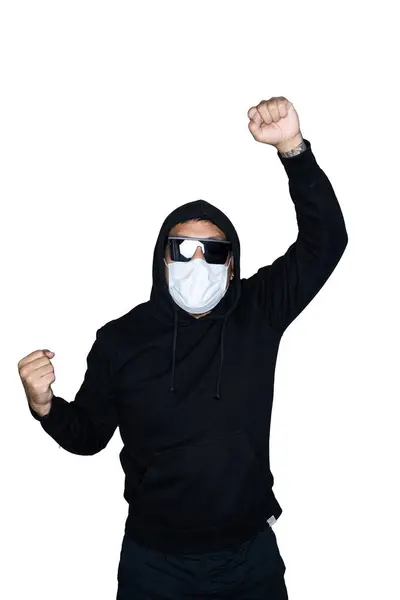 Bärtige Asiatische Männer Schwarzem Kapuzenpulli Mit Medizinischer Maske Fühlen Sich — Stockfoto