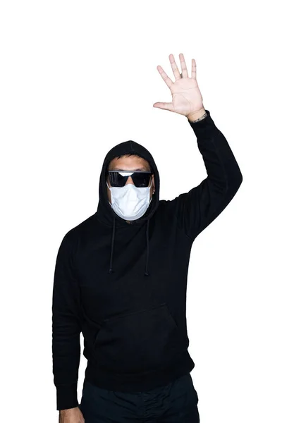 Bearded Asian Men Dressed Black Hoody Medical Mask Open Hand — Stock Photo, Image
