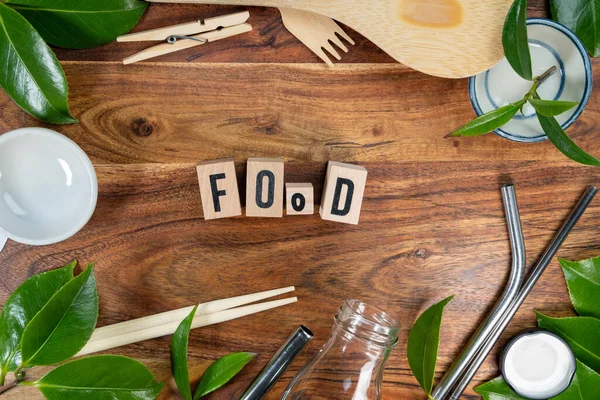 Tégla Food Szavakkal Háttér Eco Koncepció Újrahasznosítási Szimbólummal Levéllel — Stock Fotó