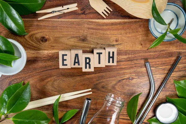 Деревянный Кирпич Словами Earth Деревянном Фоне Концепция Eco Символом Переработки — стоковое фото