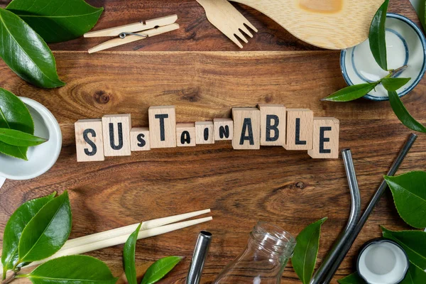 Dřevěná Cihla Slovy Sustainable Dřevěném Podkladu Eco Koncept Symbolem Recyklace — Stock fotografie