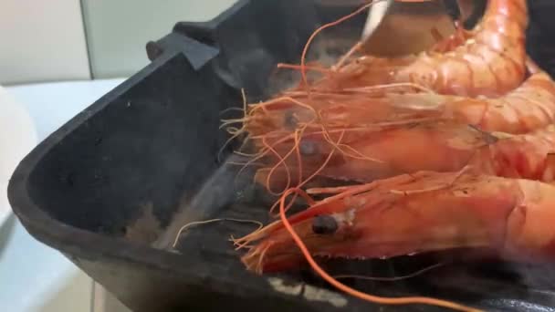 Slow Motion Grilling Prawn Shrimp Ignited Pan Homemade Cooking — Stock Video