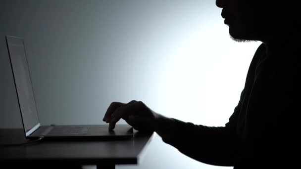 Slow Motion Silhouette Asian Man Working Laptop Beared Man Works — Stock Video