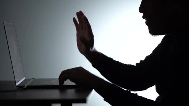 Slow Motion Silhouette Asian Man Working Laptop Beared Man Works — Stock Video