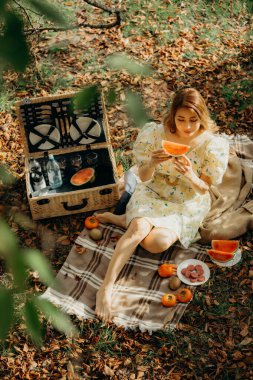 Mutlu Kadın Yaşam Tarzı, güzel Asyalı kız meyveli doğa pikniğinde. Doğadaki Asyalı kadını rahatlatıyor. Sonbahar manzarası. Aktif Açık Hava Doğada Gevşe.