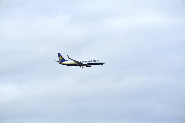 Tenerife, Canary Island, Spain - January 26th, 2020: Ryanair Boeing 737-8AS approaching Tenerife South airport on a cloudy day.