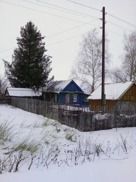 冬のロシアの村でクリスマスツリーとかわいい家 — ストック写真