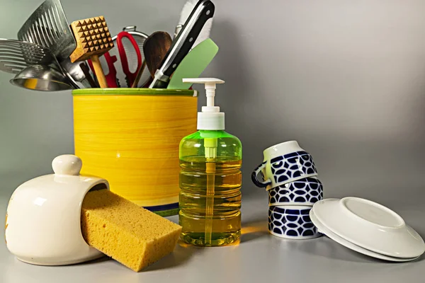 Esponja Detergente Copos Pratos Para Lavar — Fotografia de Stock