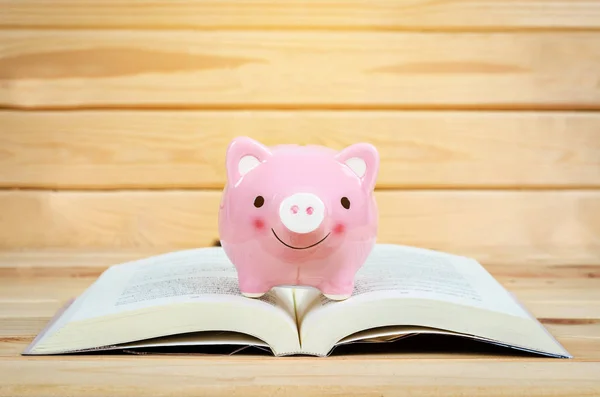 Pink Piggy bank on book in wooden room background. — Stock Photo, Image