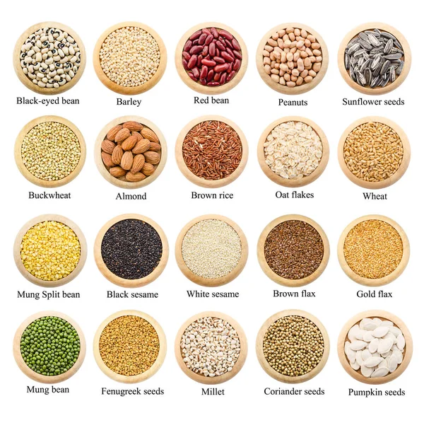 Collection de grains secs, pois et riz avec titres . — Photo