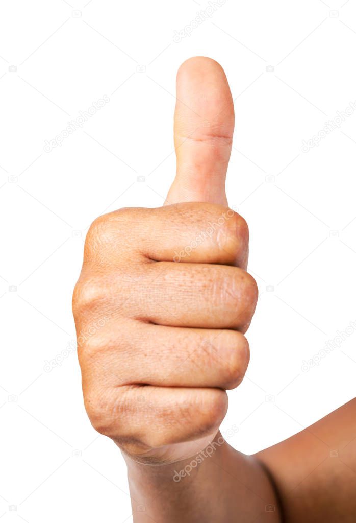 Man hand shows thumbs up.