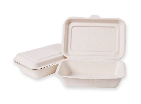 Pudełko z bagassy ulega jedzenie na białym tle. — Zdjęcie stockowe