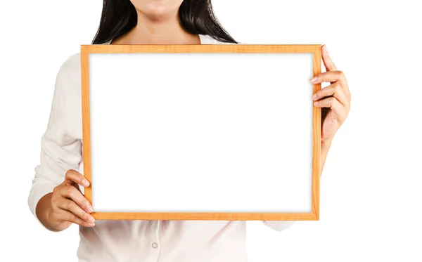 Woman holding blank wooden board. — Stock Photo, Image
