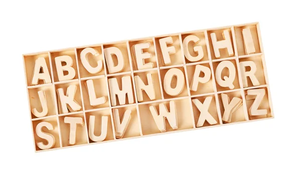 Trä bokstäver Abc alfabetet för unge i rutan. — Stockfoto
