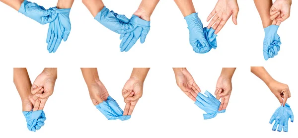 Stap van hand weggooien van blauwe wegwerphandschoenen. — Stockfoto