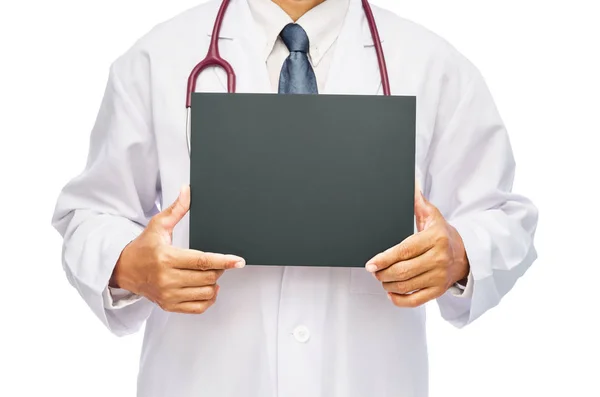 Doctor holding blank white banner (board). — Stock Photo, Image