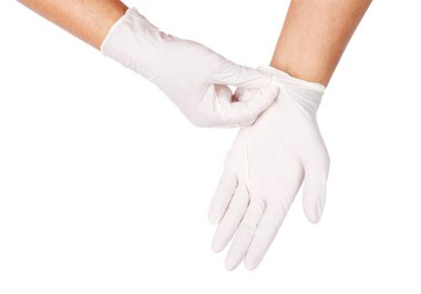 Beyaz tek kullanımlık eldiven tıbbi atmadan el.