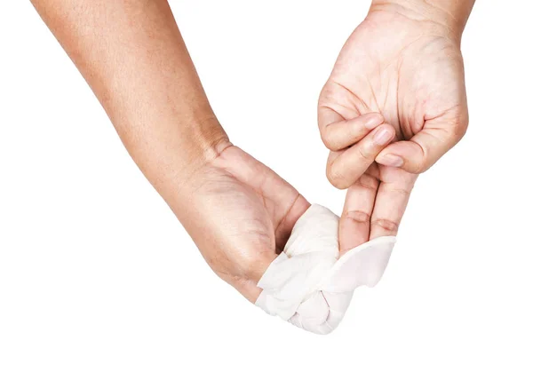Mano tirar guantes desechables blancos médicos . — Foto de Stock