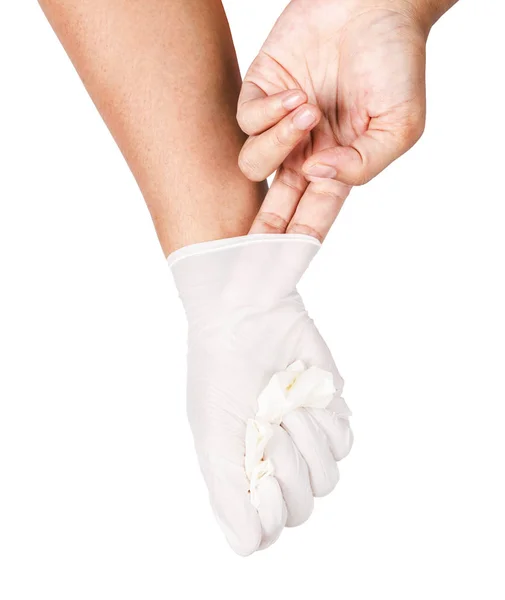 Mano tirar guantes desechables blancos médicos . — Foto de Stock