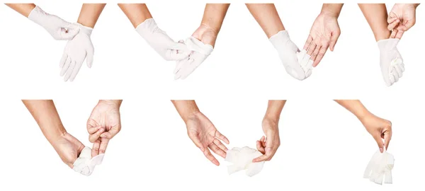 Paso de la mano tirar guantes blancos desechables médico . — Foto de Stock