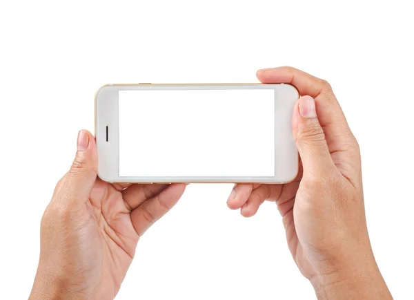 Dwa ręki trzymającej puste Zdejmowany smartphone. — Zdjęcie stockowe