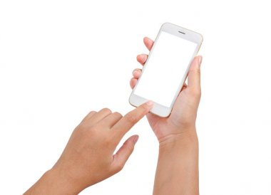 Telefonunuzun ve üzerinde beyaz izole closeup el.
