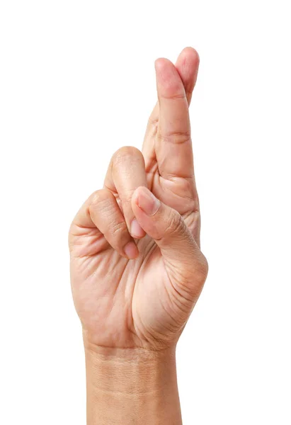 Mano con dedos cruzados aislados en blanco — Foto de Stock