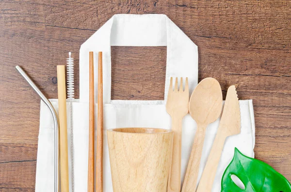 Nessun Concetto Spreco Sacchetti Tessuto Eco Vetro Legno Bambù Utensile — Foto Stock