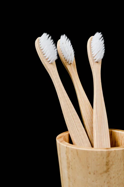 Bamboo Toothbrushes Wooden Cup Black Background Zero Waste Concept — Stock Photo, Image