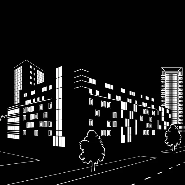 Silhouette von Gebäuden und Straßen bei Nacht — Stockvektor