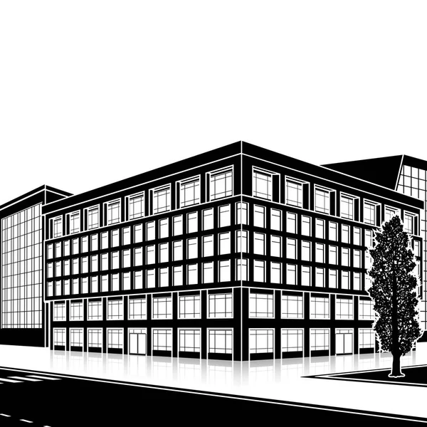 Immeuble de bureaux silhouette avec entrée et réflexion — Image vectorielle