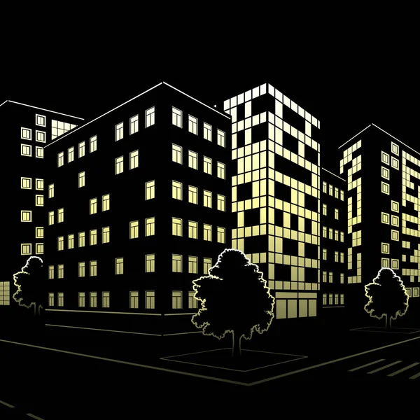 建筑物和街道在夜间的剪影 — 图库矢量图片