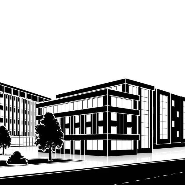 Immeuble de bureaux silhouette avec entrée et réflexion — Image vectorielle