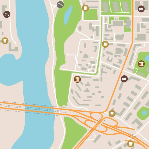 Mapa de la ciudad con carreteras y parques — Vector de stock