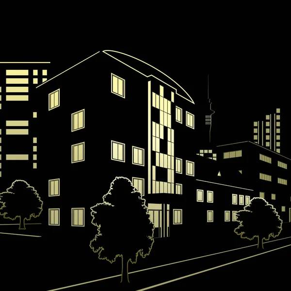Σιλουέτα του κτίρια και δρόμους τη νύχτα — Διανυσματικό Αρχείο